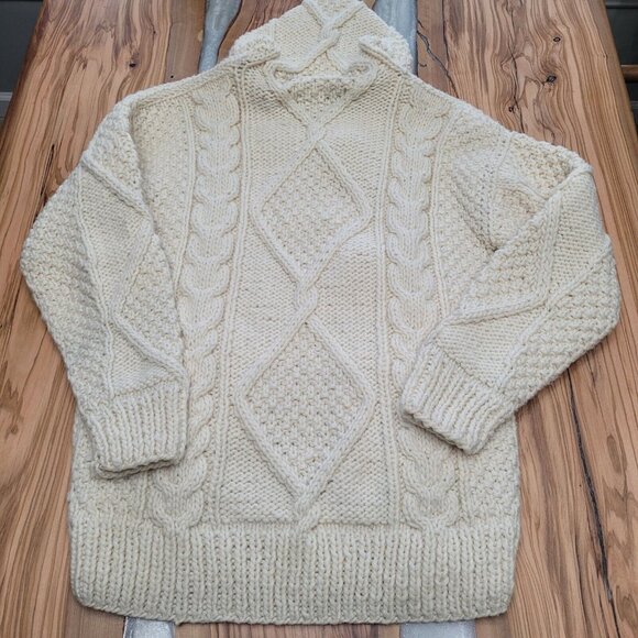 SISANDINA Wool Cardigan Sweater Chunky Cable Knit Hooded Zip Front Ivory Medium - Picture 9 of 10